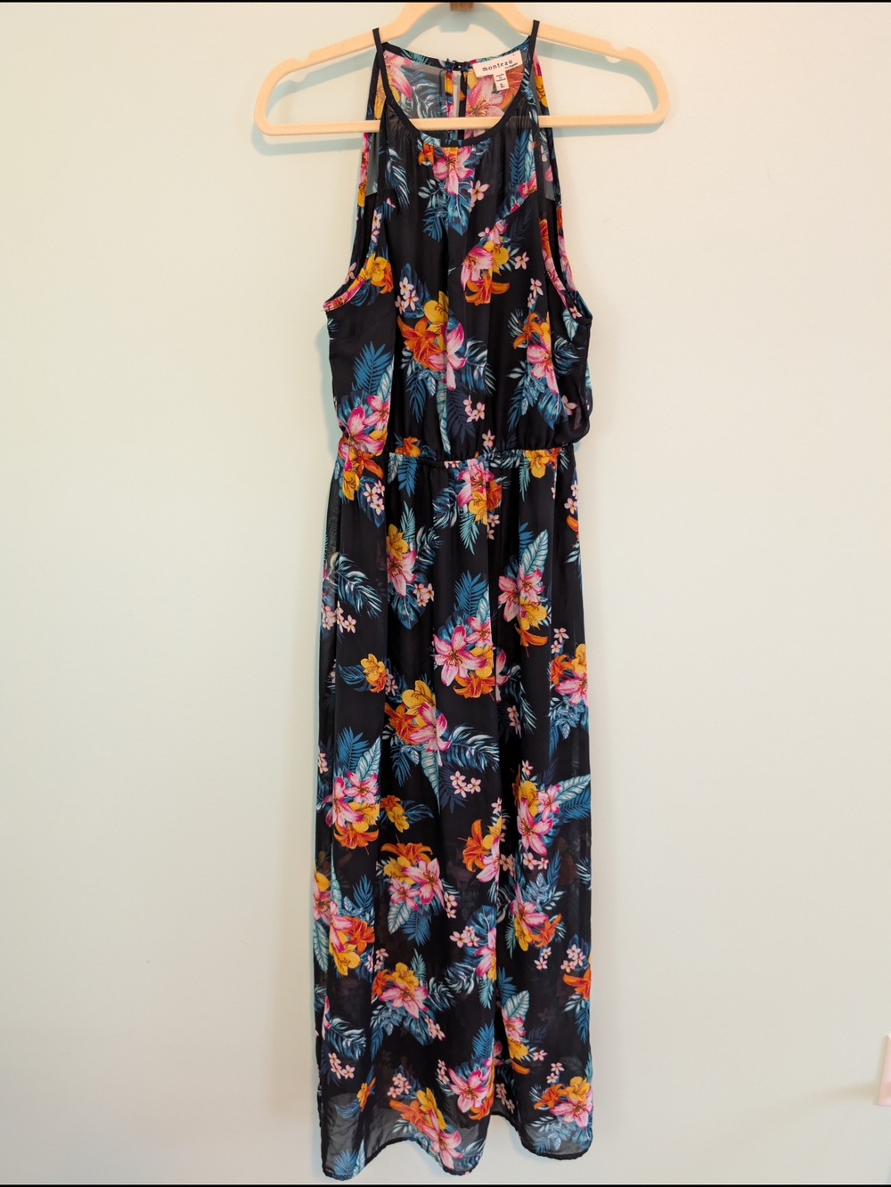 Monteau Los Angeles- Black Floral Halter Chiffon Maxi Dress- Women's Large